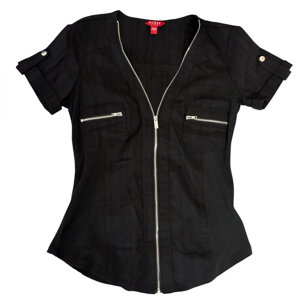 Small Black Guess Fitted Zip Front Top